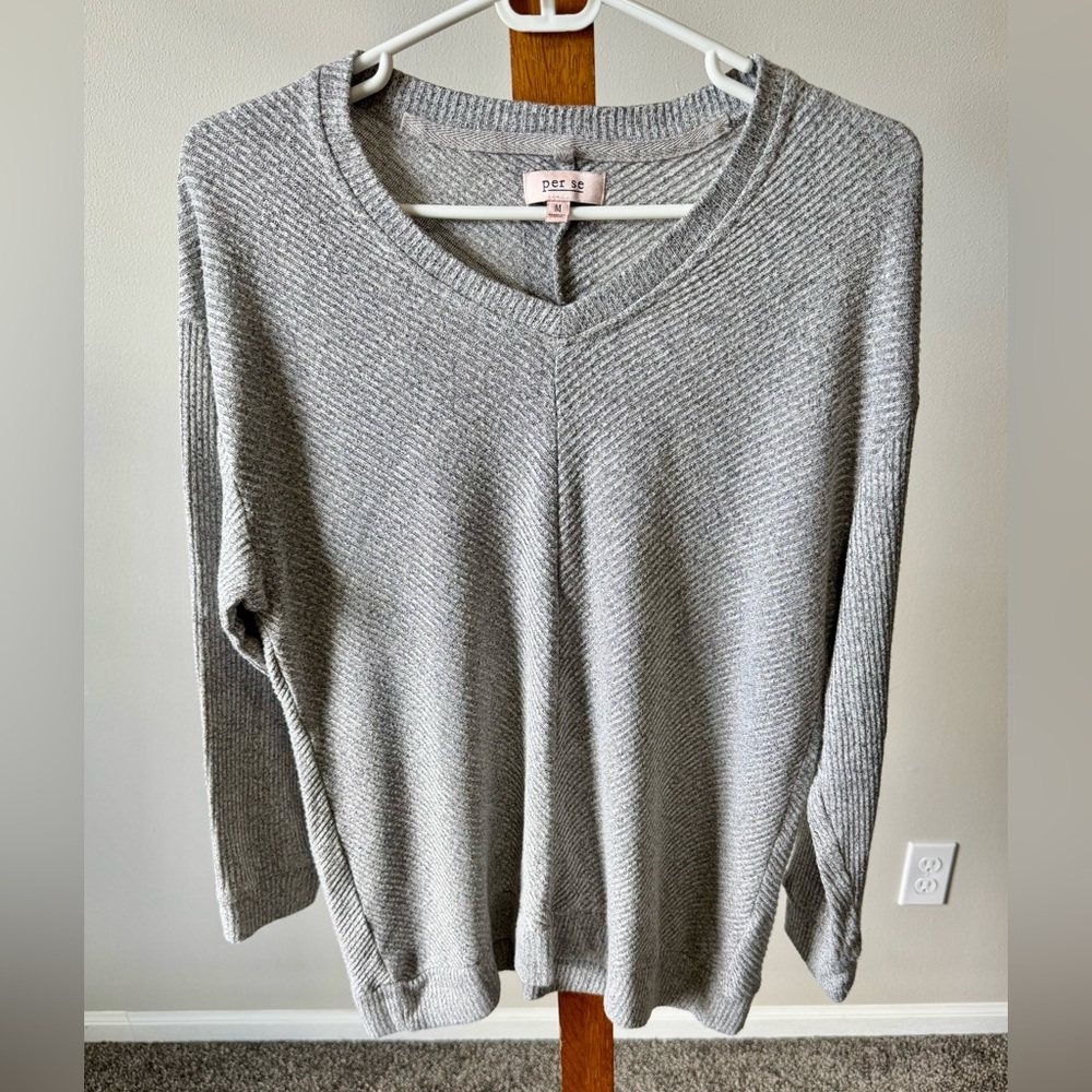 Per Se Women’s Light Gray V-Neck Ribbed Knit Sweater Medium - Picture 2 of 7